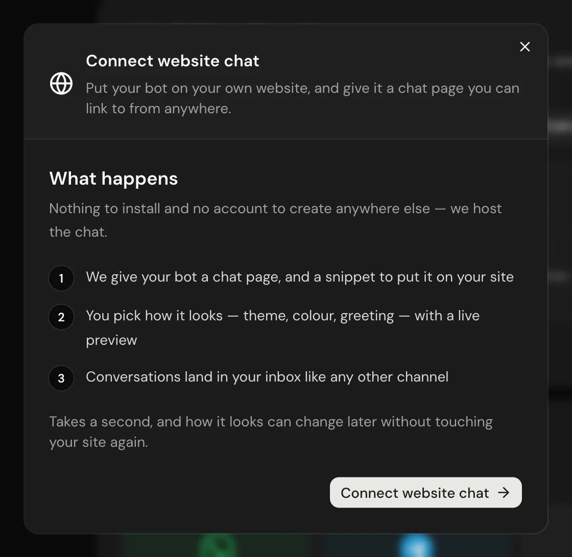 The Connect website chat dialog listing what happens, with the Connect website chat button