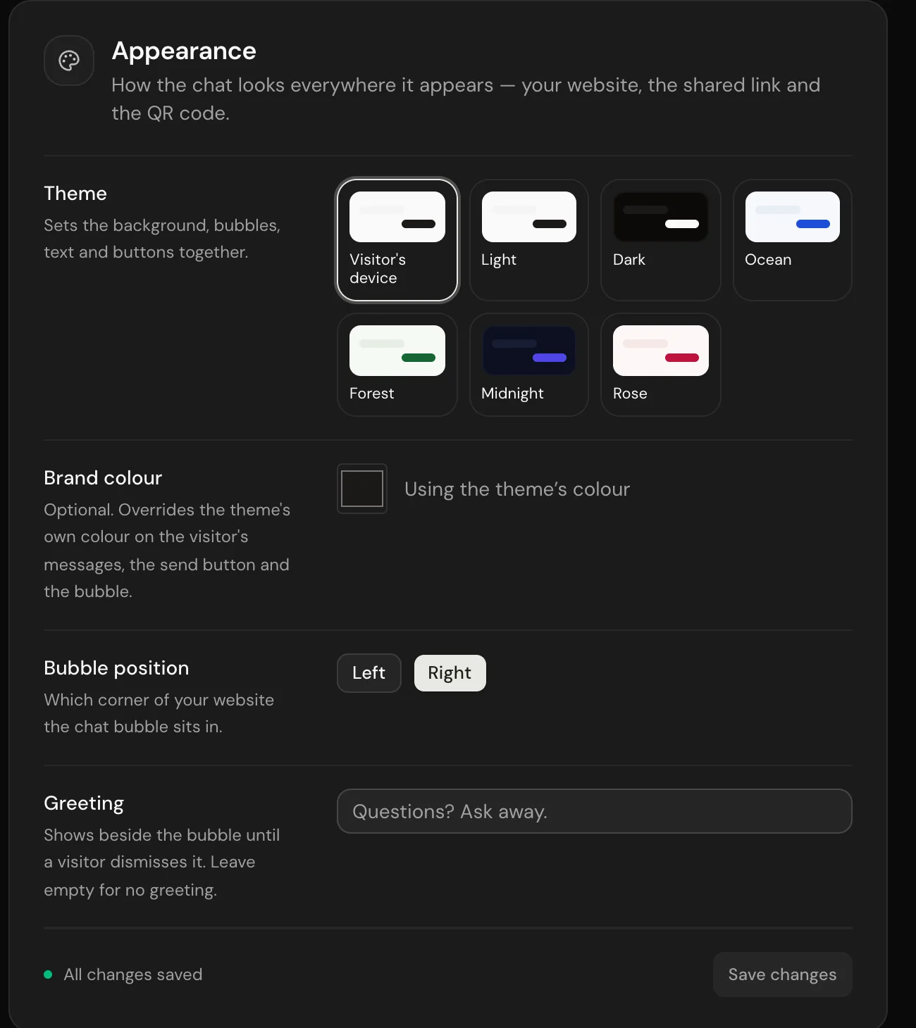 The Appearance section with the theme picker, brand colour, bubble position and greeting