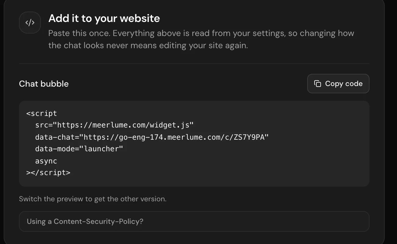 The Add it to your website section with the chat bubble snippet and its Copy code button