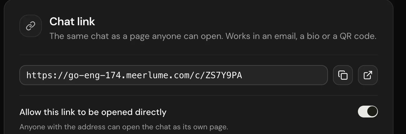 The Chat link section with the link, its copy and open buttons, and the switch that allows opening it directly
