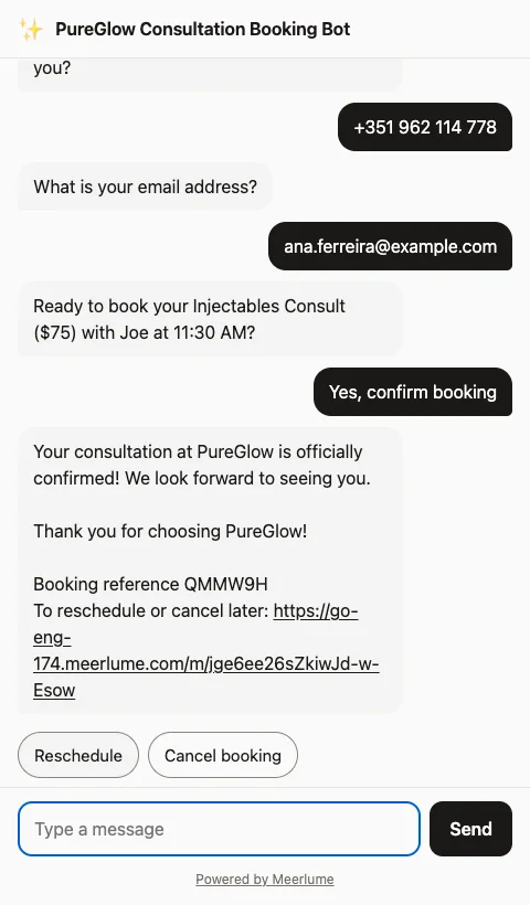 The chat page as a customer sees it, with a confirmed booking, its reference and the reschedule link