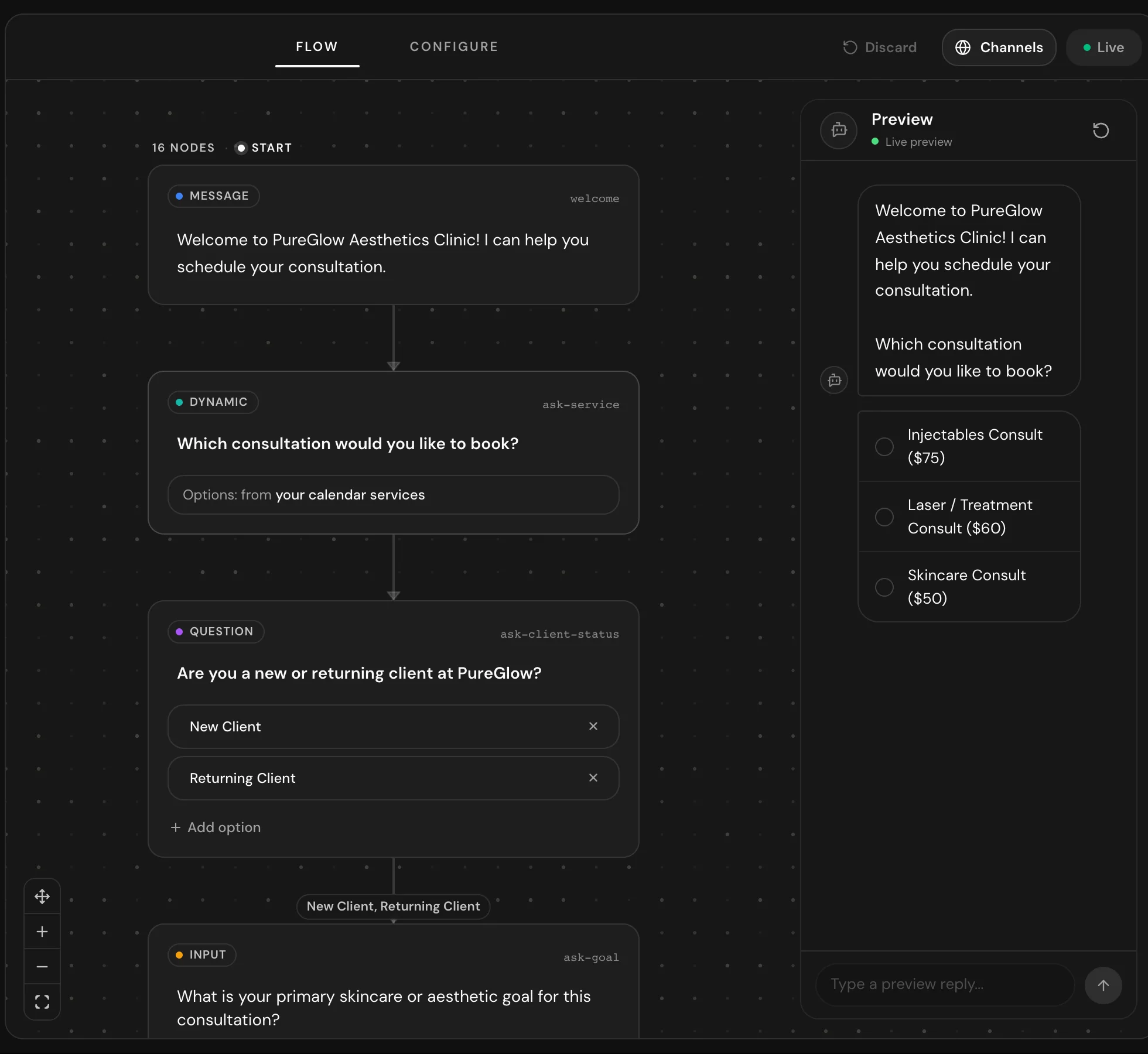The flow canvas with question and input nodes connected